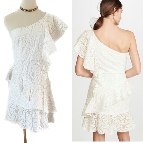 Borgo De Nor Lisa Mini Dress Ivory Lace Tiered Ruffle One Shoulder size US S 4/6 - Picture 12 of 12